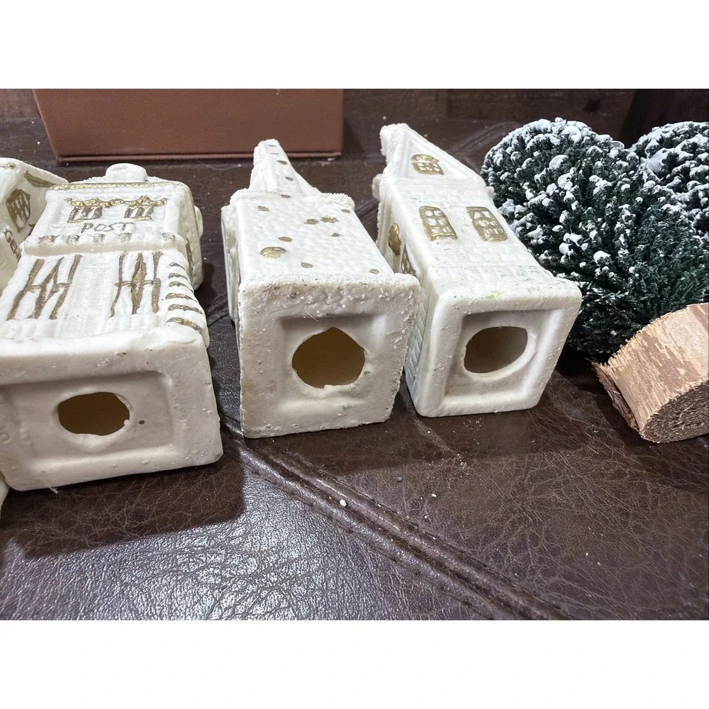 Miniature Ceramic White Gold Trim Village Houses Glitters Lot of 5 Vintage Trees